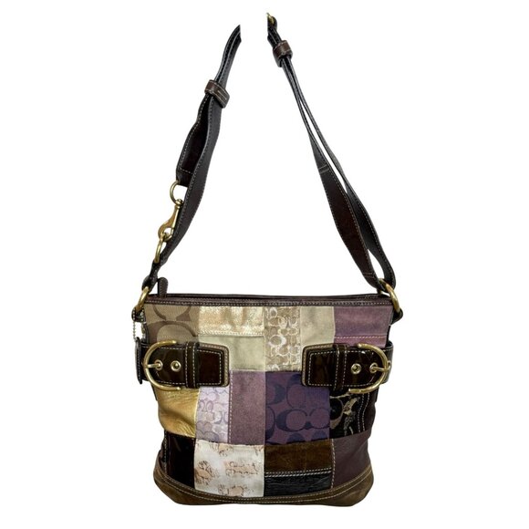 COACH Patchwork Signature Shoulder Bag Brown Multi - Picture 10 of 10